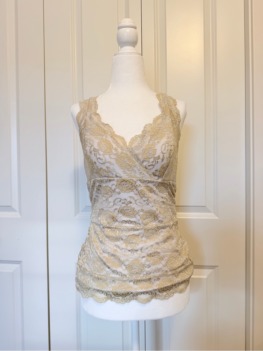 Coquette Lace V-Neck Camisole Tank Top in Beige and Gold
